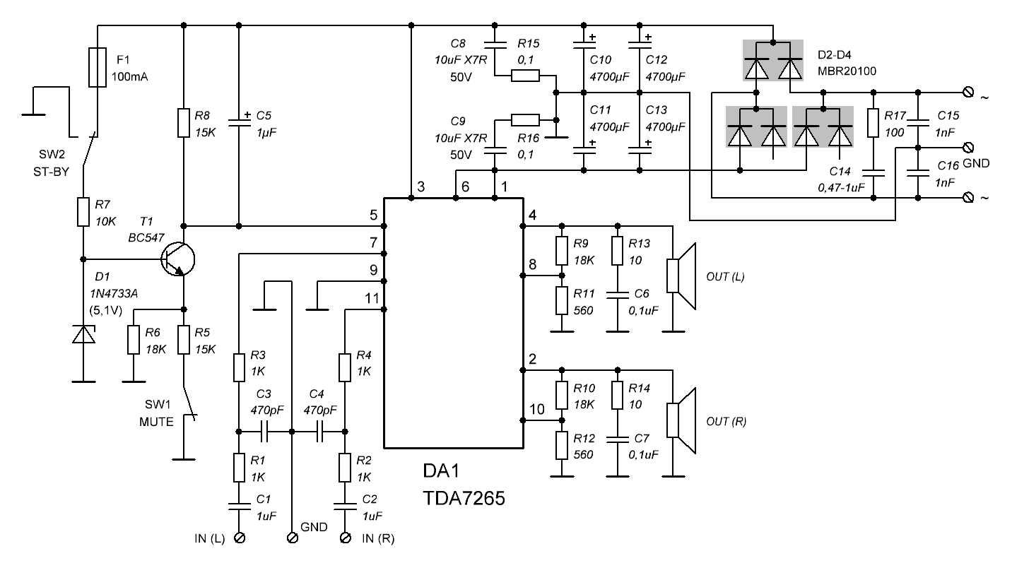 Усилитель на TDA7265 - схема